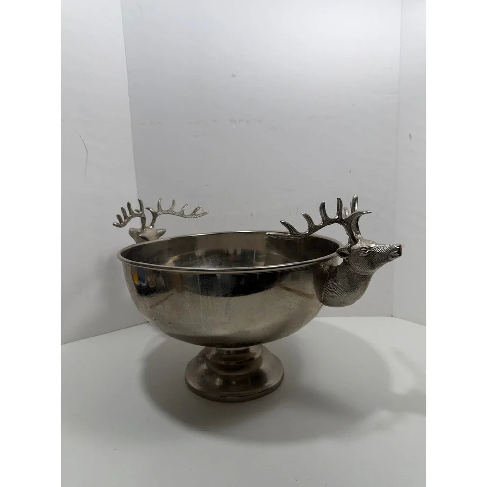 Silver Stag Head Punch Bowl Antler Handle Reindeer Ice Bucket Lodge Decor 10in‎